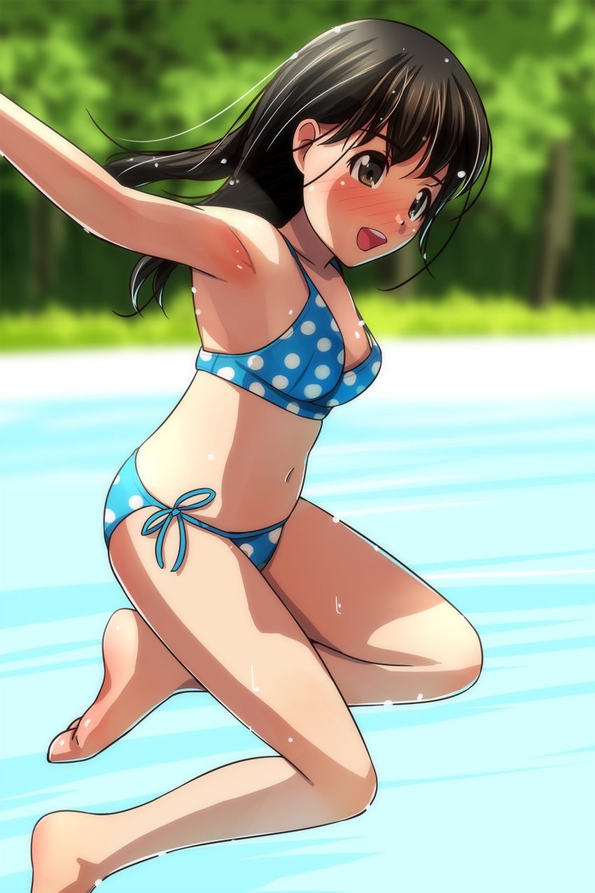 1girl :d absurdres bare_arms bare_legs barefoot bikini black_hair blue_bikini blurry blurry_background blush breasts brown_eyes day feet forest grass highres jumping long_hair matsunaga_kouyou nature navel open_mouth original outdoors polka_dot polka_dot_bikini pond small_breasts smile solo swimsuit teeth toes tree upper_teeth_only wet