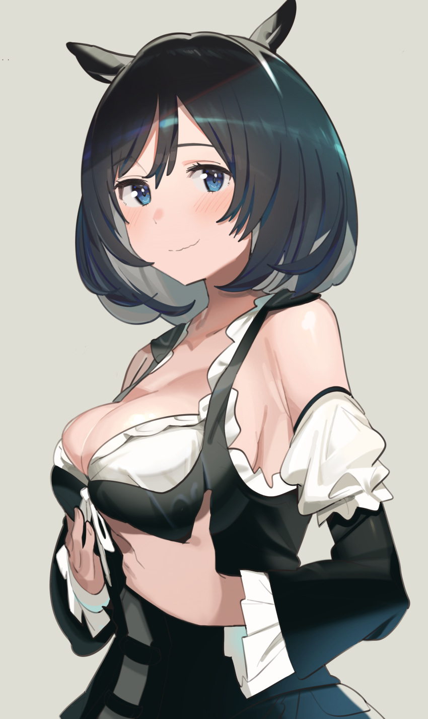 1girl absurdres animal_ears ashinowoto bare_shoulders black_dress black_hair black_sleeves blouse blue_eyes blush bob_cut breast_lift breasts breasts_squeezed_together cleavage cleavage_cutout closed_mouth clothing_cutout commentary detached_sleeves dirndl dress eishin_flash_(umamusume) frilled_sleeves frills german_clothes grey_background hair_between_eyes highres horse_ears looking_at_viewer medium_hair official_alternate_hairstyle pinafore_dress shirt simple_background sleeveless sleeveless_dress smile solo swept_bangs umamusume upper_body wavy_hair wavy_mouth white_shirt