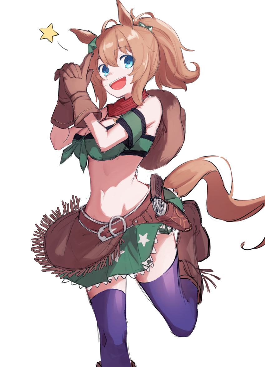 1girl animal_ears belt blue_eyes boots breasts brown_belt brown_footwear brown_gloves brown_hair cleavage crop_top finger_gun gloves green_skirt gun hair_between_eyes hair_ornament handgun haramaki_(haranomaki) highres horse_ears horse_girl horse_tail leg_up medium_breasts open_mouth ponytail purple_thighhighs revolver simple_background skirt solo star_(symbol) taiki_shuttle_(umamusume) tail thighhighs umamusume weapon white_background