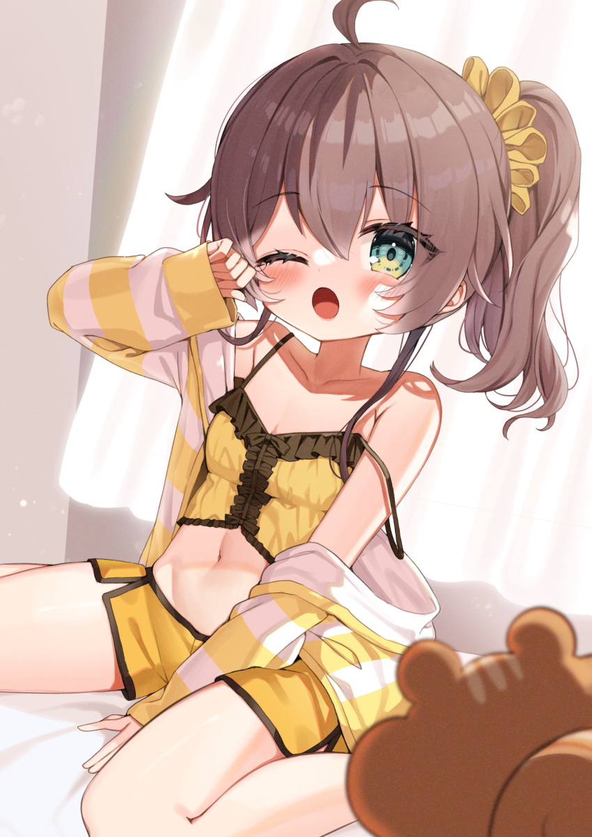 1girl :o aged_down ahoge bare_shoulders between_legs blue_eyes blush brown_hair collarbone day dot_nose dutch_angle hair_between_eyes hand_between_legs highres hololive indoors long_hair long_sleeves looking_at_viewer natsuiro_matsuri noi_mine off_shoulder on_bed one_eye_closed open_clothes open_mouth open_shirt raised_eyebrows rubbing_eyes shirt short_ponytail shorts sidelocks sitting solo strap_slip striped striped_shirt tank_top virtual_youtuber wariza yawning yellow_shirt yellow_shorts yellow_tank_top