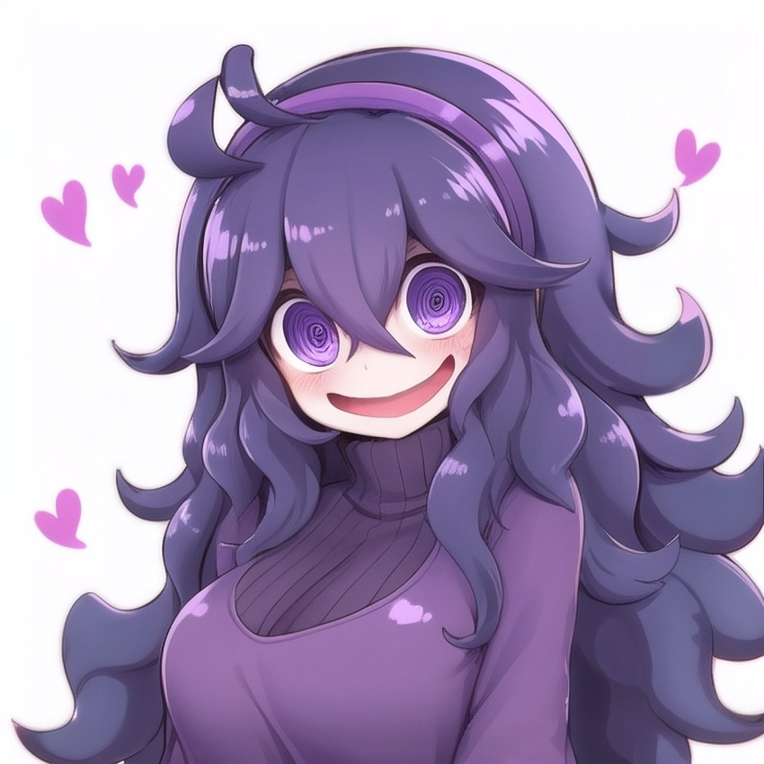 @_@ ahoge ai-assisted blush dress hairband heart hex_maniac_(pokemon) highres long_hair open_mouth pale_skin pokemon pokemon_(game) pokemon_xy purple_dress purple_eyes purple_hair smile spazzmo very_long_hair