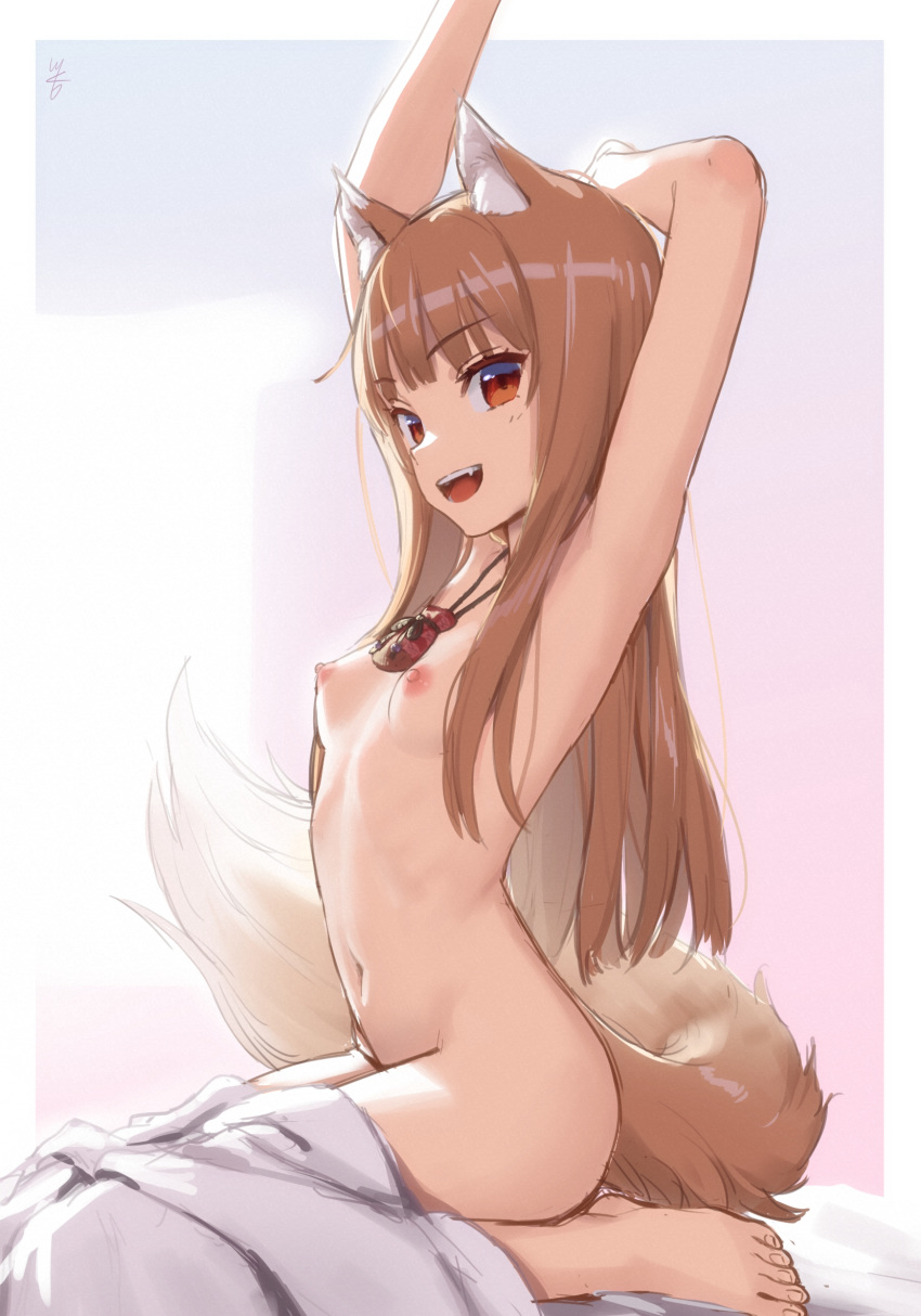 1girl animal_ears armpits arms_up barefoot blush breasts brown_hair completely_nude fang highres holo jewelry kawakami_rokkaku long_hair looking_at_viewer necklace nipples nude open_mouth pouch red_eyes sitting small_breasts smile solo spice_and_wolf stretching tail wariza wolf_ears wolf_girl wolf_tail