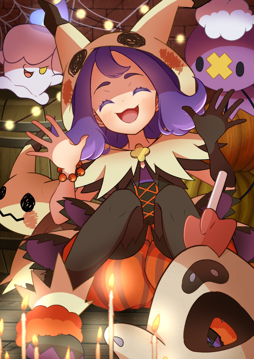 1girl :d absurdres acerola_(fall_2020)_(pokemon) acerola_(pokemon) bead_bracelet beads blush bracelet capelet closed_eyes commentary_request drifloon gloves halloween hands_up highres hood hood_up hooded_capelet jewelry litwick mimikyu official_alternate_costume open_mouth orange_bracelet orange_shorts pantyhose pokemon pokemon_(creature) pokemon_(game) pokemon_masters_ex purple_hair refisa sandygast shorts single_glove sitting smile striped striped_shorts tongue vertical-striped_shorts vertical_stripes yellow_capelet