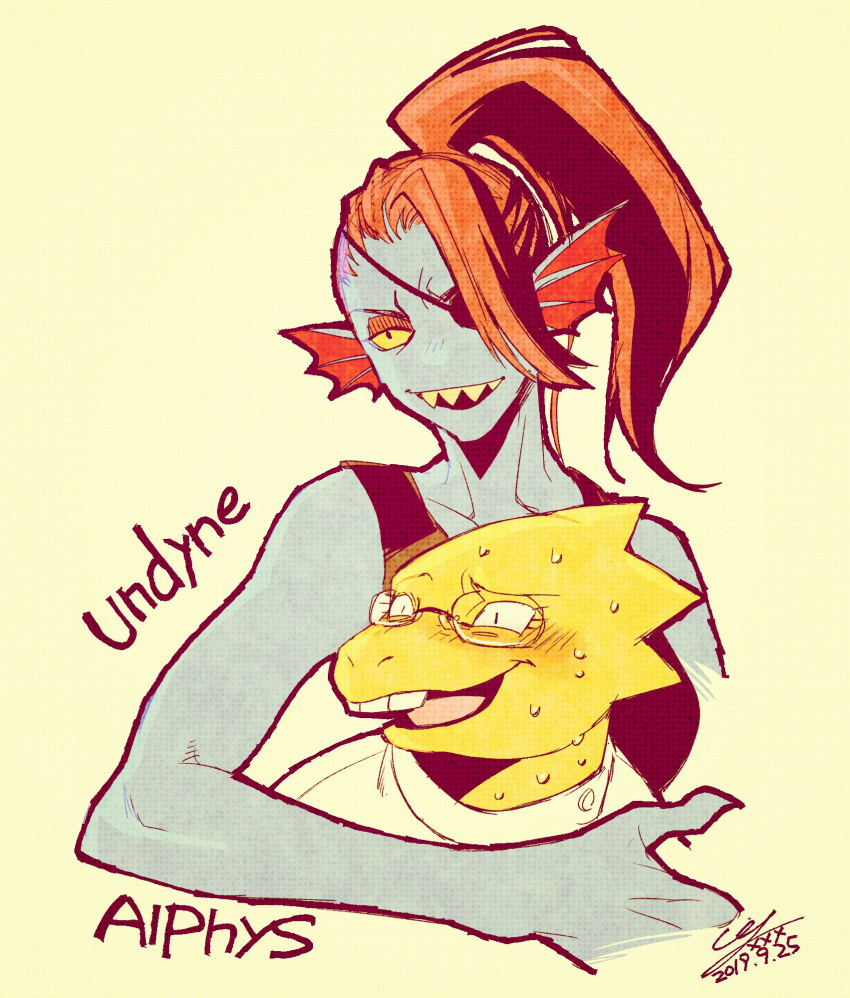 2girls alphys black_shirt blush fins fish glasses head_fins highres lab_coat multiple_girls muscular nervous red_hair reptile reptile_girl reptilian shirt spikes undertale undyne yellow_teeth yokaze_(xxxdisxxx)