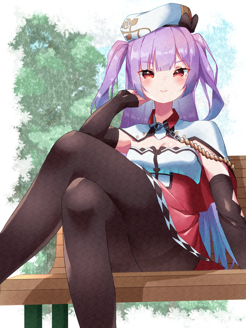 1girl ajax_(azur_lane) azur_lane bench beret black_pantyhose blunt_bangs blush bow breasts capelet crossed_legs detached_sleeves hand_up hat hat_bow high-waist_skirt highres leaf long_hair looking_at_viewer ma_ri_dai_ku pantyhose park_bench pleated_skirt purple_hair red_eyes red_skirt sitting sitting_on_bench skirt small_breasts smile solo tree two_side_up white_capelet white_headwear