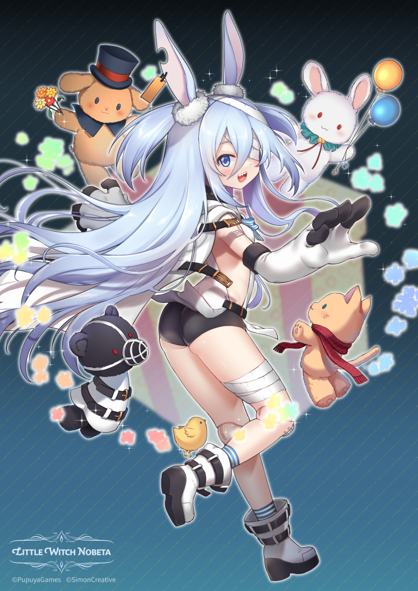 1girl animal_ears arms_up artist_request ass bandage_over_one_eye bandaged_head bandaged_leg bandages black_shorts blue_eyes blue_hair boots copyright_name doll_joints ear_tag elbow_gloves from_behind full_body gloves hat highres joints leg_up legs little_witch_nobeta long_hair looking_back monica_(little_witch_nobeta) official_art open_mouth rabbit_ears scarf sharp_teeth short_shorts shorts smile socks standing standing_on_one_leg striped striped_footwear striped_socks stuffed_animal stuffed_cat stuffed_rabbit stuffed_toy tabard teddy_bear teeth thighs top_hat very_long_hair white_footwear white_gloves white_tabard wind wind_lift