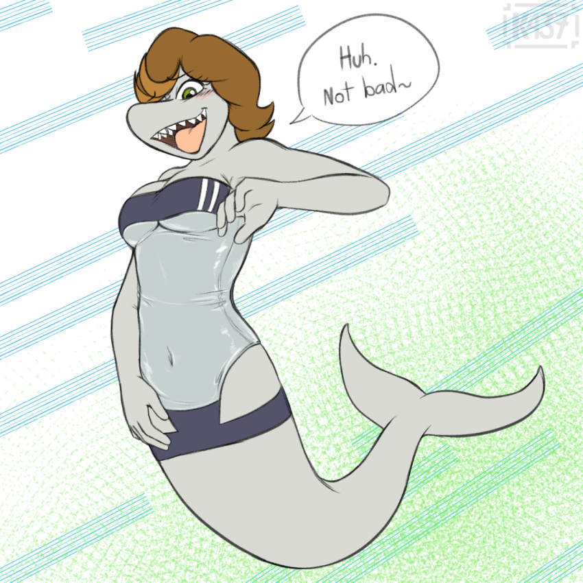 2022 anthro bottlenose_dolphin breasts brown_hair cetacean clothing dialogue dolphin female fish furgonomics green_eyes gris_swimsuit gum-k hair hybrid jabonne_lidia mammal marine meme meme_clothing navel oceanic_dolphin one-piece_swimsuit shark sharp_teeth solo swimwear teeth toothed_whale translucent translucent_clothing translucent_swimwear