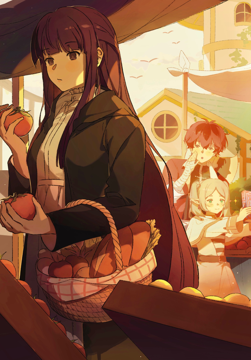 1boy 2girls absurdres bandaged_arm bandages basket black_coat black_hair blunt_bangs book bread closed_mouth coat collar commentary dress elf english_commentary evening fern_(sousou_no_frieren) food frieren frilled_collar frills green_eyes highres holding holding_basket holding_book holding_food long_coat long_dress long_hair long_sleeves multiple_girls outdoors parted_bangs pointy_ears purple_eyes purple_hair shinyshynii shopping sidelocks smile sousou_no_frieren sparkle standing stark_(sousou_no_frieren) straight_hair tomato twintails very_long_hair white_dress white_hair