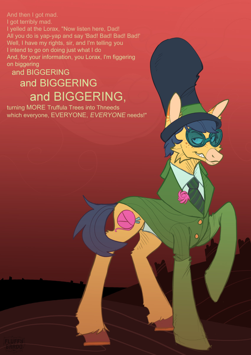 absurd_res clothing english_text equid equine eyewear fluffybardo friendship_is_magic glasses hasbro hat headgear headwear hi_res horn horse mammal my_little_pony onceler ponification pony text the_lorax the_onceler unicorn