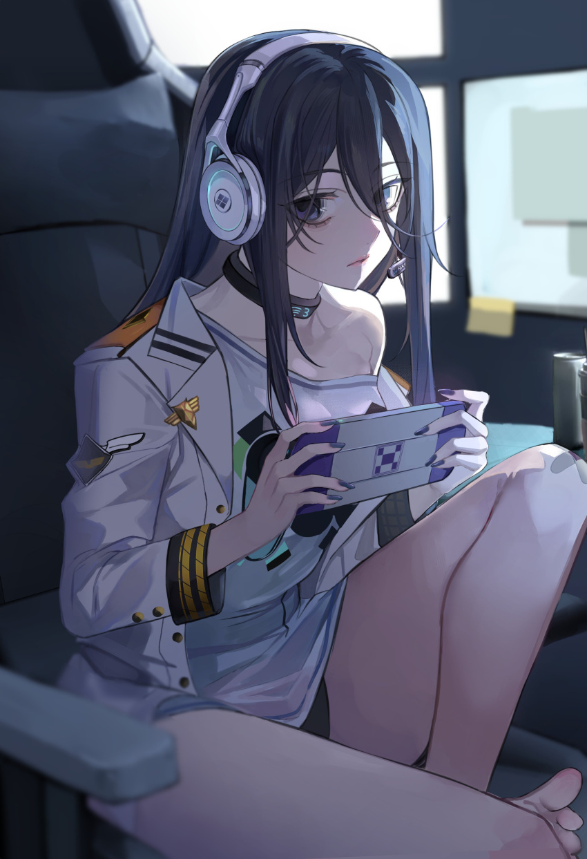 1girl absurdres ayuaho bags_under_eyes bandaid bandaid_on_knee bandaid_on_leg barefoot black_choker black_hair black_nails chair choker exia_(nikke) foot_out_of_frame game_controller_print goddess_of_victory:_nikke hair_between_eyes handheld_game_console headphones headset highres holding holding_handheld_game_console jacket legs long_hair looking_at_viewer monitor nail_polish off_shoulder office_chair open_clothes open_jacket playing_games purple_eyes screen_light shirt sidelocks sitting solo swivel_chair thighs white_jacket white_shirt