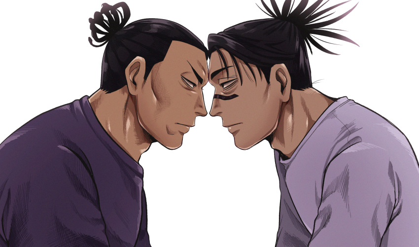 2boys black_hair choso_(jujutsu_kaisen) expressionless eye_contact facial_tattoo forehead-to-forehead from_side heads_together highres jujutsu_kaisen looking_at_another male_focus mitinobanana multiple_boys muscular muscular_male profile scar scar_across_eye shirt short_hair sideburns tattoo toudou_aoi_(jujutsu_kaisen) twintails upper_body