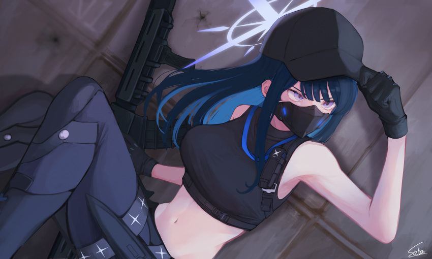 1girl absurdres arm_up armpits assault_rifle bare_shoulders baseball_cap belt black_belt black_gloves black_hair black_headwear black_mask black_pants black_shirt blue_archive blue_eyes blue_hair breasts chest_harness commentary_request crop_top gloves gun halo harness hat highres holster knife_holster long_hair looking_to_the_side mask medium_breasts midriff mouth_mask multicolored_hair navel no_coat pants partial_commentary rifle saba_miso_(ver_18) saori_(blue_archive) shadow shirt sig_516 signature sleeveless sleeveless_shirt snap-fit_buckle solo squatting thigh_holster two-tone_hair underbust wall weapon