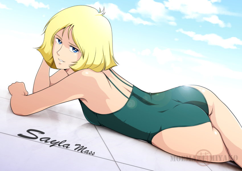 1girl aqua_one-piece_swimsuit ass blonde_hair blue_eyes breasts cloud gundam looking_at_viewer mobile_suit_gundam moemaru_miyako one-piece_swimsuit sayla_mass short_hair smile solo swimsuit