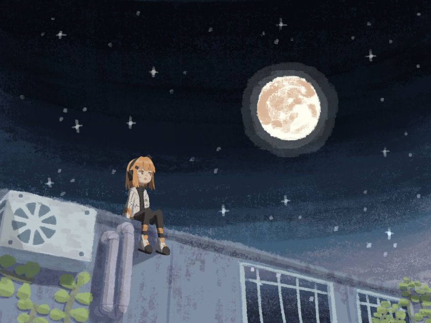 1girl a.i._voice adachi_rei air_conditioner black_leggings black_shirt boots commentary from_below full_moon hair_ornament hairclip headphones highres industrial_pipe jacket leggings long_sleeves looking_to_the_side looking_up medium_hair moon night on_roof open_clothes open_jacket open_mouth orange_eyes orange_hair outdoors overgrown plant shirt sitting sitting_on_roof sky smile solo star_(sky) starry_sky turtleneck utau vines white_jacket wide_shot window yasashii_gomibako