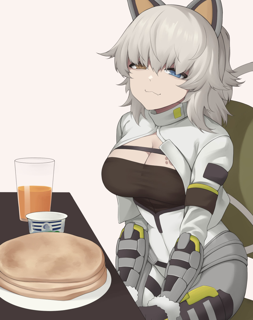 1girl :3 absurdres act_(xadachit) animal_ears blue_eyes body_markings bodysuit bracer breasts cat_ears cleavage cleavage_cutout closed_mouth clothing_cutout commission fake_animal_ears fangs food girls'_frontline girls'_frontline_2:_exilium glass gloves half-closed_eyes hands_on_own_legs heterochromia highres large_breasts long_hair looking_at_viewer on_chair orange_juice pancake pancake_stack paw_print peritya_(girls'_frontline_2) sitting skin_fangs smile solo white_hair yellow_eyes