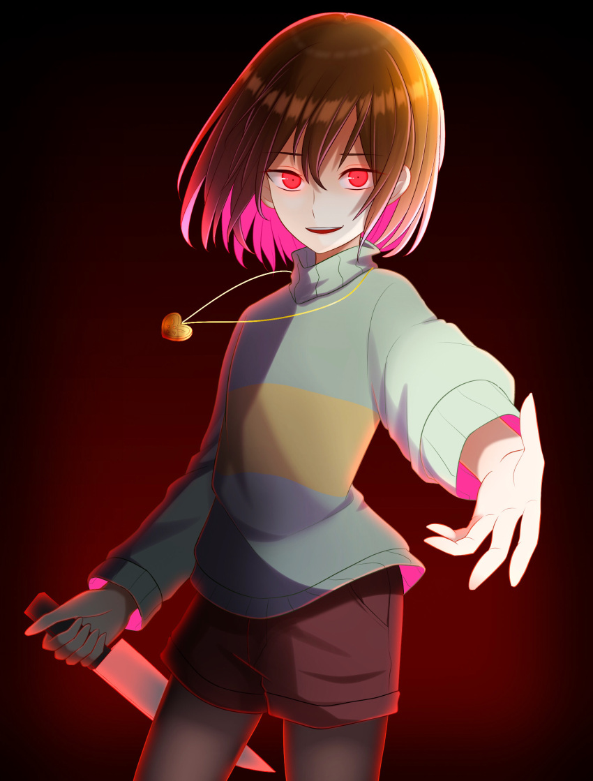 1other absurdres androgynous backlighting black_background black_pantyhose bob_cut brown_hair brown_shorts chara_(undertale) colored_inner_hair commentary constricted_pupils cowboy_shot floating_hair floating_neckwear foreshortening glowing glowing_eyes gold_necklace gradient_background green_sweater hair_between_eyes heart heart_necklace highres holding holding_knife holding_weapon jewelry kitchen_knife knife locket long_sleeves looking_at_viewer multicolored_hair necklace pantyhose parted_lips pendant pink_hair reaching reaching_towards_viewer red_background red_eyes short_hair shorts single_horizontal_stripe smile solo standing sweater teeth turtleneck turtleneck_sweater two-tone_hair undertale upper_teeth_only weapon yuupontan.
