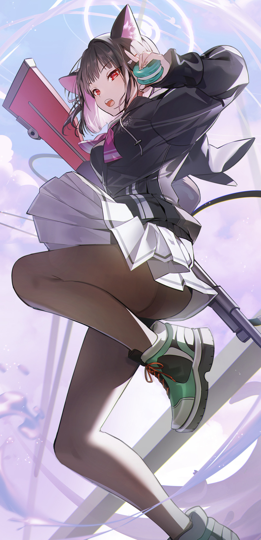 1girl absurdres animal_ear_fluff animal_ears ascot black_hair black_hoodie blue_archive breasts bren_lmg brown_pantyhose cat_ears colored_inner_hair commentary eucha food foot_out_of_frame gun hair_ornament hairclip halo high_tops highres holding holding_food hood hood_down hoodie kazusa_(blue_archive) legs light_machine_gun long_sleeves macaron multicolored_hair open_mouth pantyhose pink_ascot pleated_skirt red_eyes shoes short_hair skirt small_breasts sneakers solo standing standing_on_one_leg thighband_pantyhose weapon white_skirt