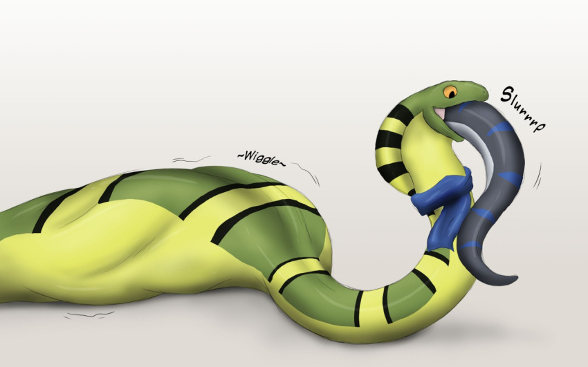 akaikosh duo feral grey_body male orange_eyes reptile scalie scarf simple_background snake stripes tail vore white_background