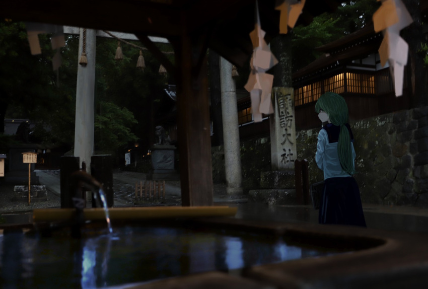 1girl architecture building cobblestone east_asian_architecture kochiya_sanae koyane_(silver81106) looking_at_viewer ponytail real_life realistic scenery school_uniform solo torii touhou uniform water well