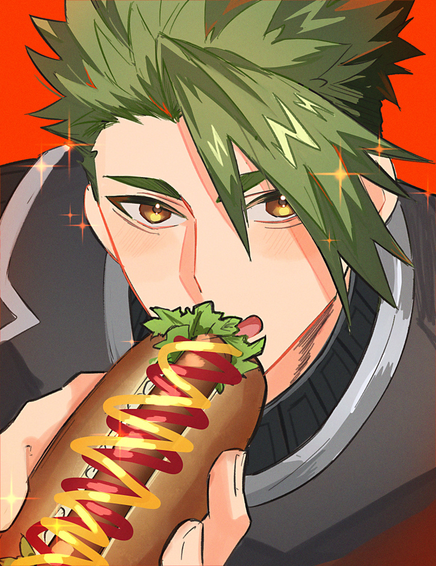1boy absurdres achilles_(fate) armor blush brown_eyes fate/apocrypha fate_(series) fingernails food from_above green_hair haruakira highres holding holding_food hot_dog ketchup lettuce male_focus mustard open_mouth red_background simple_background solo undercut upper_body