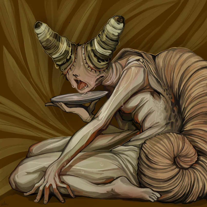 ambiguous_gender animal_humanoid barefoot bodily_fluids body_horror drooling eyelashes eyestalks feet gastropod gastropod_humanoid gastropod_shell hi_res holding_object holding_plate humanoid humanoid_feet humanoid_hands mollusk mollusk_humanoid mollusk_shell nightmare_fuel not_furry open_mouth plantigrade plate saliva shell sitting snail snail_humanoid solo sweat tongue tongue_out vich