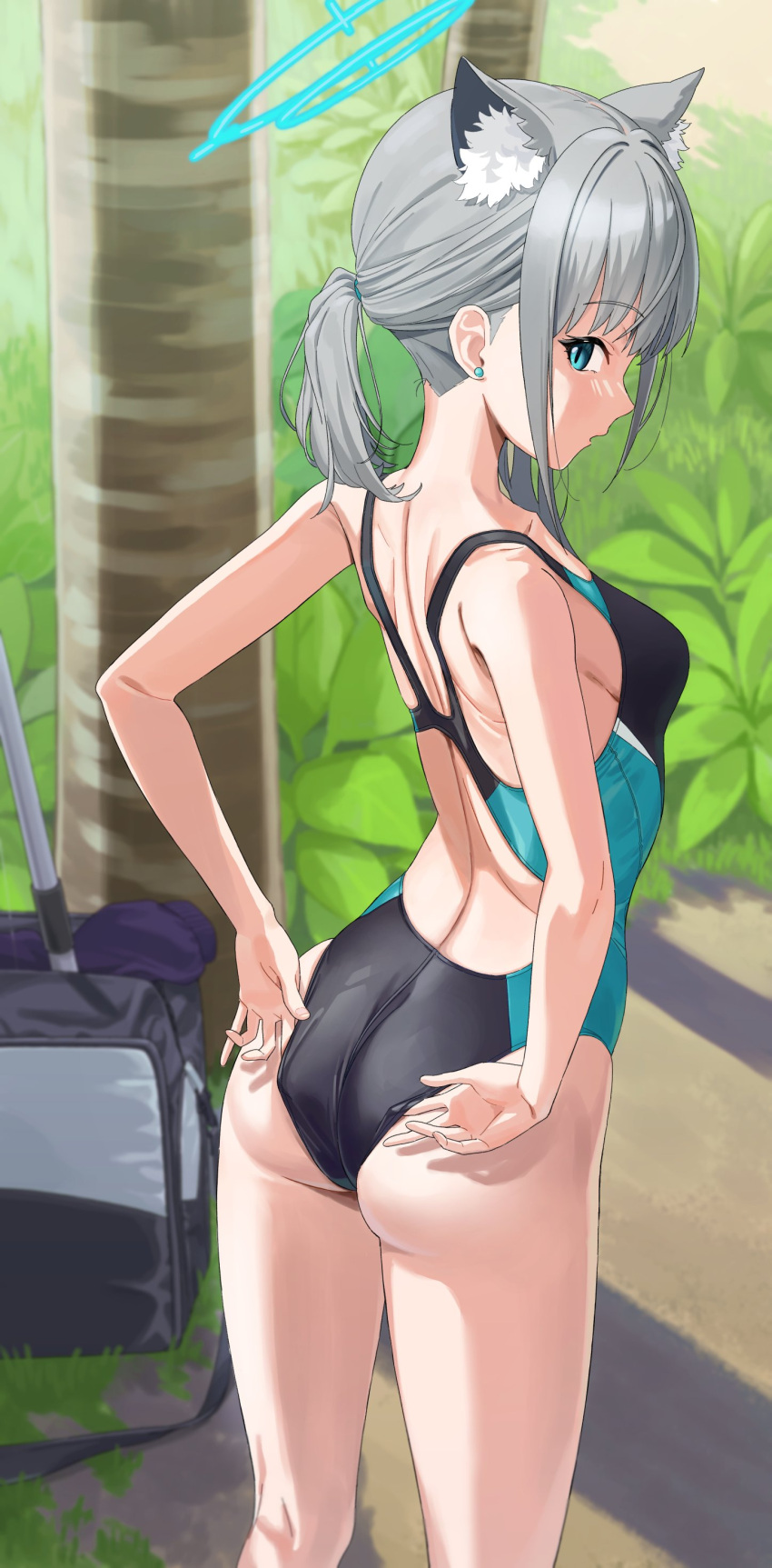 1girl absurdres adjusting_clothes adjusting_swimsuit animal_ears ass backless_swimsuit blue_archive blue_eyes breasts commentary_request competition_swimsuit day earrings extra_ears from_behind halo highres jewelry long_hair looking_at_viewer looking_back medium_breasts official_alternate_costume one-piece_swimsuit open_mouth outdoors ponytail shiroko_(blue_archive) shiroko_(swimsuit)_(blue_archive) slit_pupils solo swimsuit thighs tree white_hair wolf_ears yukiman1056