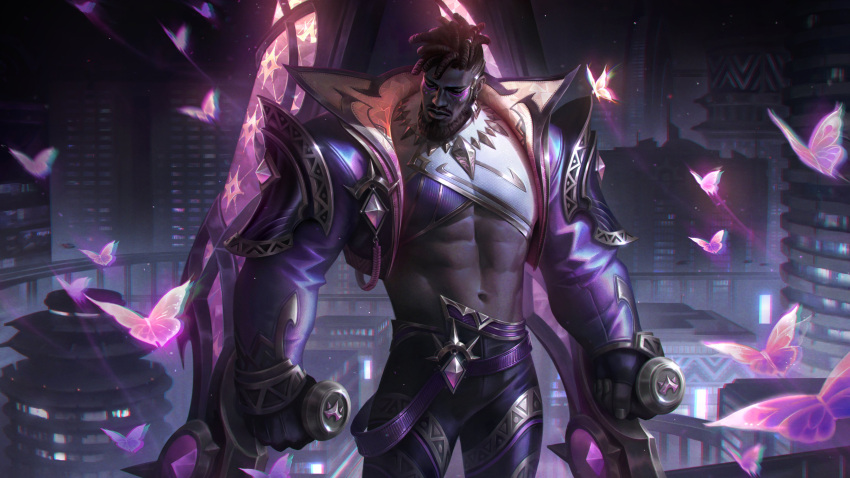 1boy abs absurdres artist_request beard bug butterfly cityscape closed_eyes dreadlocks dual_wielding facial_hair facial_mark facing_to_the_side feet_out_of_frame highres holding k'sante_(league_of_legends) large_hands large_pectorals league_of_legends lil_nas_x male_focus mature_male muscular muscular_male mustache navel official_alternate_costume official_art pants pectorals prestige_empyrean_k'sante purple_butterfly short_hair shrug_(clothing) solo standing stomach strongman_waist