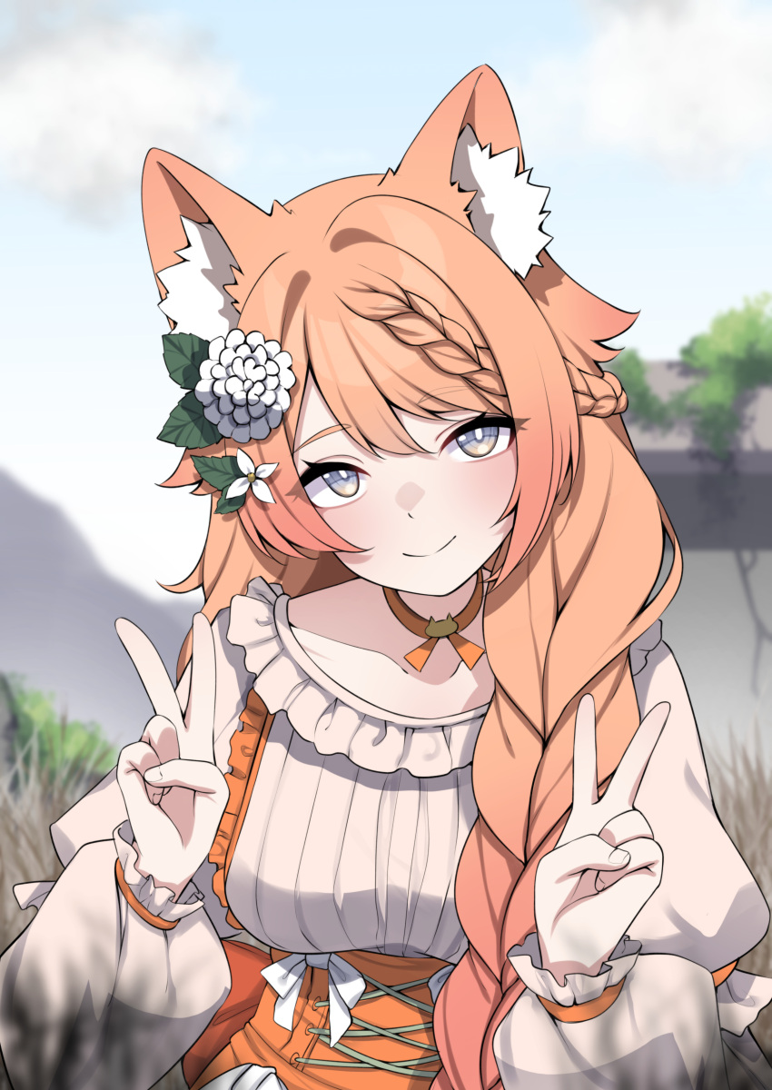 1girl absurdres animal_ear_fluff animal_ears blurry blurry_background bow braid bright_pupils cat_choker choker collarbone double_v dress flower gradient_hair grey_eyes hair_flower hair_ornament highres indie_virtual_youtuber leaf_hair_ornament leony_(vtuber) lion_ears lion_girl multicolored_hair orange_choker orange_corset orange_hair puffy_sleeves side_braid solo v valefal_coneri white_bow white_dress white_flower white_pupils