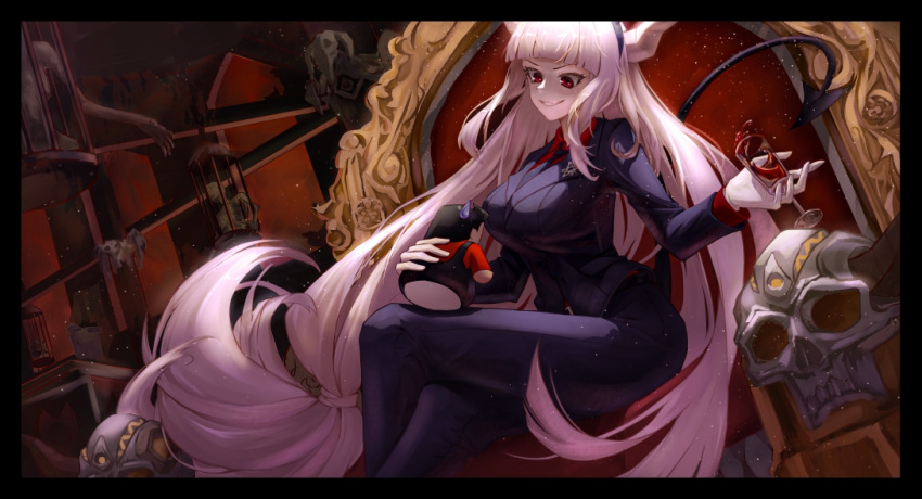 black_jacket black_necktie black_pants cup demon demon_girl demon_horns demon_tail fishy_shellfish_(user_kpjs2225) helltaker holding holding_cup holding_toy horns jacket long_hair lucifer_(helltaker) necktie office_lady pants red_hair red_shirt shirt smile tail throne toy