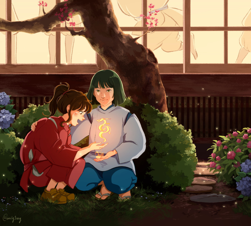 1boy 1girl black_hair brown_hair bush dragon eastern_dragon emily_1iang flower haku_(sen_to_chihiro_no_kamikakushi) hand_on_another's_back highres magic medium_hair ogino_chihiro open_mouth ponytail red_shirt sandals sen_to_chihiro_no_kamikakushi shirt smile squatting studio_ghibli tree white_shirt window