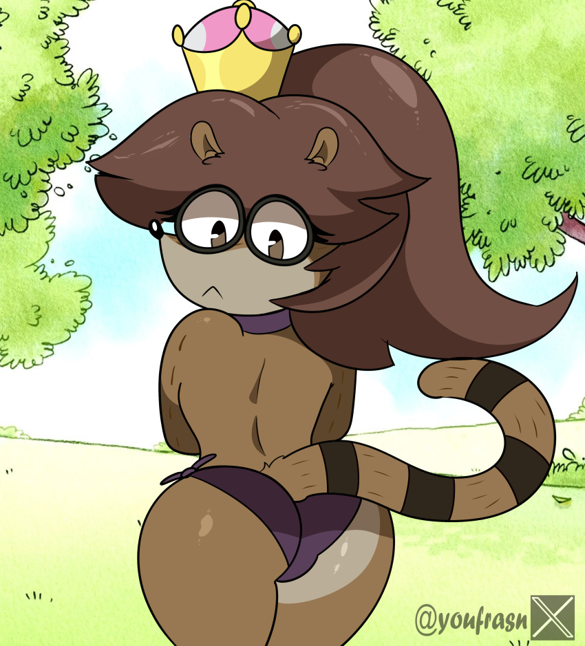 absurd_res anthro big_butt black_nose brown_body brown_fur brown_hair butt cartoon_network clothed clothing crown digital_media_(artwork) farbi fur hair headgear hi_res looking_down male mammal mario_bros nintendo outside procyonid raccoon regular_show rigbette_(benson_dancing) rigby_(regular_show) solo super_crown tail topless wide_hips