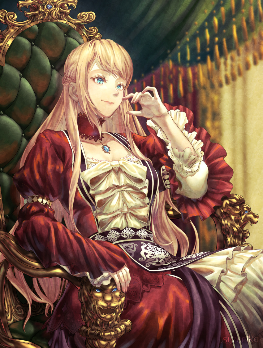 1girl absurdres ariel_anemoi_asura blonde_hair blue_eyes braid breasts cleavage closed_mouth commission dress frilled_dress frilled_sleeves frills highres long_hair looking_ahead mushoku_tensei pixiv_commission sitting smile suzurika26 throne