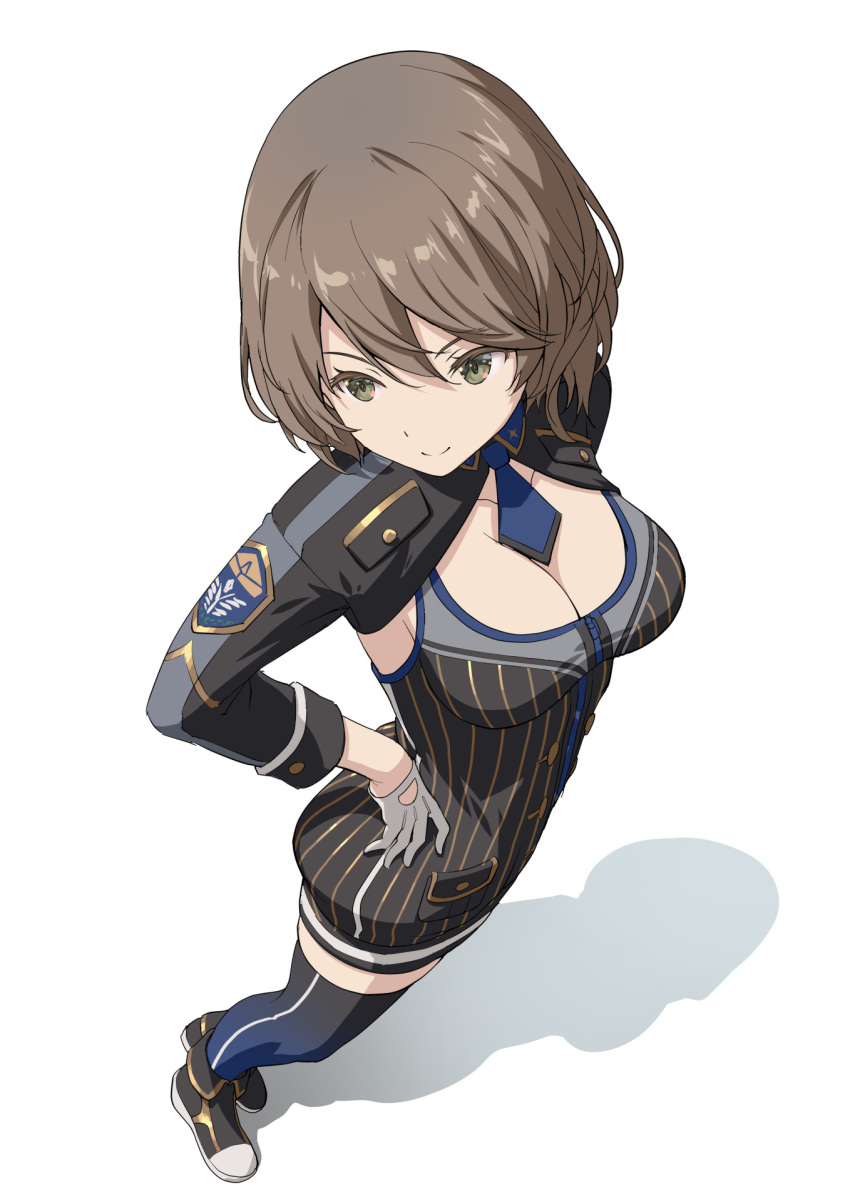 1girl alice_gear_aegis brown_hair closed_mouth commentary_request cropped_jacket dress from_above green_eyes hand_on_own_hip highres onaga_akino pinakes shadow shoes short_hair smile solo striped striped_dress two-tone_thighhighs white_background