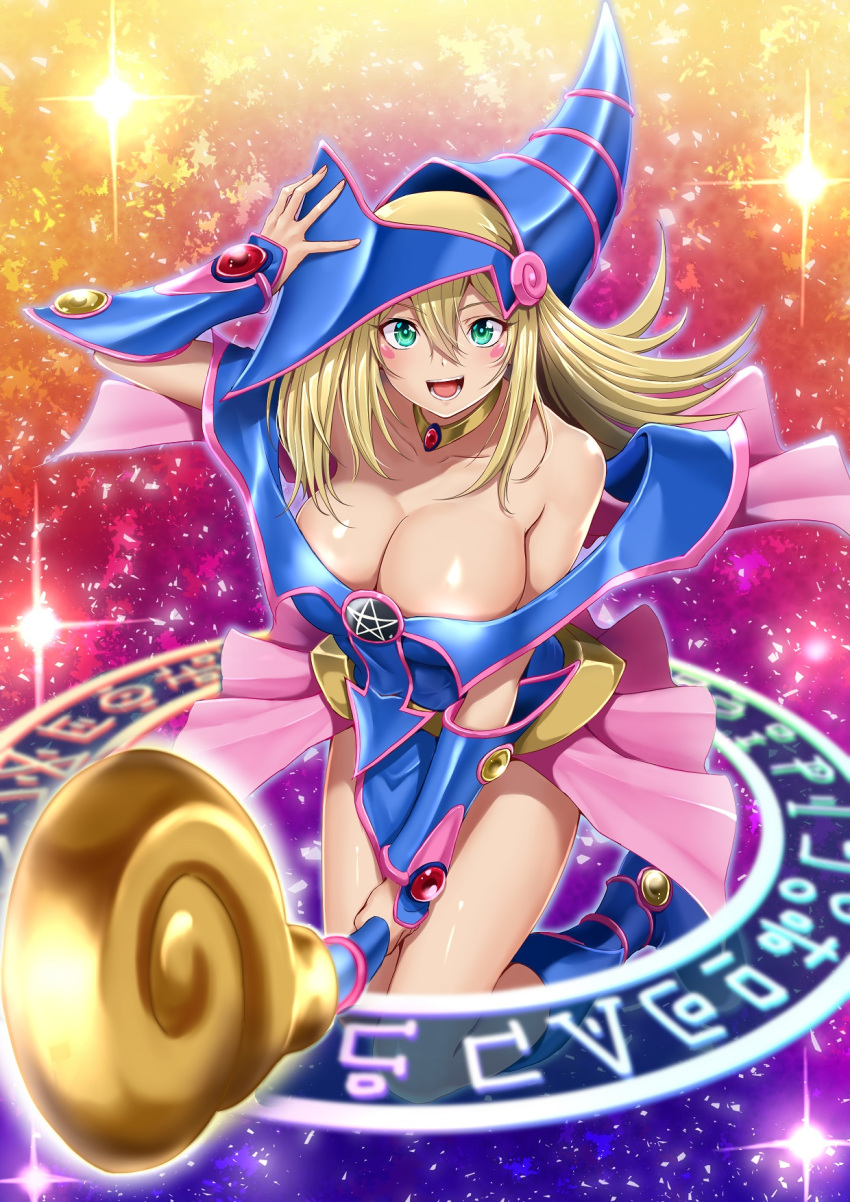 1girl bare_shoulders blonde_hair blue_footwear blue_headwear blush blush_stickers breasts choker cleavage dark_magician_girl duel_monster green_eyes hair_between_eyes hat hexagram highres holding holding_wand large_breasts long_hair looking_at_viewer multicolored_background muto_dt open_mouth pentacle pentagram purple_background red_background smile solo sparkle_background staff wand wizard_hat yellow_background yu-gi-oh! yu-gi-oh!_duel_monsters
