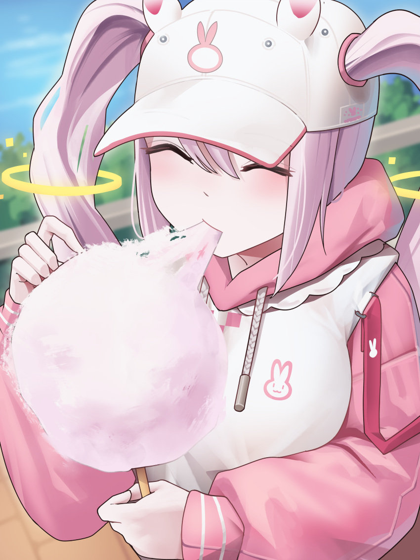 1girl ^_^ absurdres alice_(nikke) alice_(sweet_home)_(nikke) animal_ear_headwear animal_hat animal_print baseball_cap blush breasts closed_eyes commentary cotton_candy drawstring eating floating_hair_ornament food gloomyowl gloves goddess_of_victory:_nikke grey_hair hair_between_eyes hair_through_headwear hat highres holding holding_food hood hood_down hoodie large_breasts long_hair long_sleeves official_alternate_costume pink_hoodie pink_sleeves rabbit_hat rabbit_print shoulder_strap sidelocks solo standing twintails two-tone_hoodie white_gloves white_hoodie