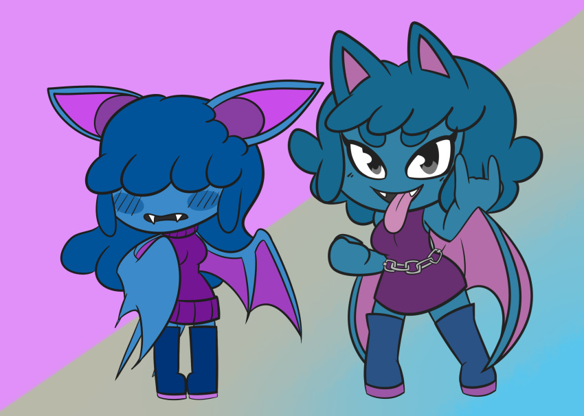 2020 anthro anthrofied back_wings bangs bat belt big_eyes black_eyes blue_background blue_blush blue_body blue_boots blue_cheeks blue_clothing blue_eyebrows blue_footwear blue_hair blue_wings blush blush_lines boots breasts chain chain_belt chibi circle_eyebrows clothing cyan_background devil_horns_(gesture) digital_media_(artwork) dress duo ears_down eyebrows eyelashes eyeless fangs female fist footwear forked_tail generation_1_pokemon gesture golbat gradient_background grey_background grey_eyes hair hair_over_eyes hi_res legwear long_tongue looking_at_viewer mammal medium_breasts membrane_(anatomy) membranous_wings multicolored_boots multicolored_clothing multicolored_footwear mythrica nervous nintendo pigeon_toed pink_background pink_inner_ear pink_tongue pink_wings pivoted_ears pokemon pokemon_(species) pokemorph poofy_hair prick_ears puffy_hair purple_background purple_clothing purple_dress purple_inner_ear purple_sweater purple_topwear purple_wings realistic_wings shy simple_background sleeveless sleeveless_dress sleeveless_sweater smile standing sweater tail tan_background teal_body teal_eyebrows teal_hair teeth thigh_boots thigh_highs tongue tongue_out topwear turtleneck two_tone_boots two_tone_clothing two_tone_footwear two_tone_inner_ear two_tone_wings unusual_anatomy unusual_tail wide_stance wing_on_chest wings zubat