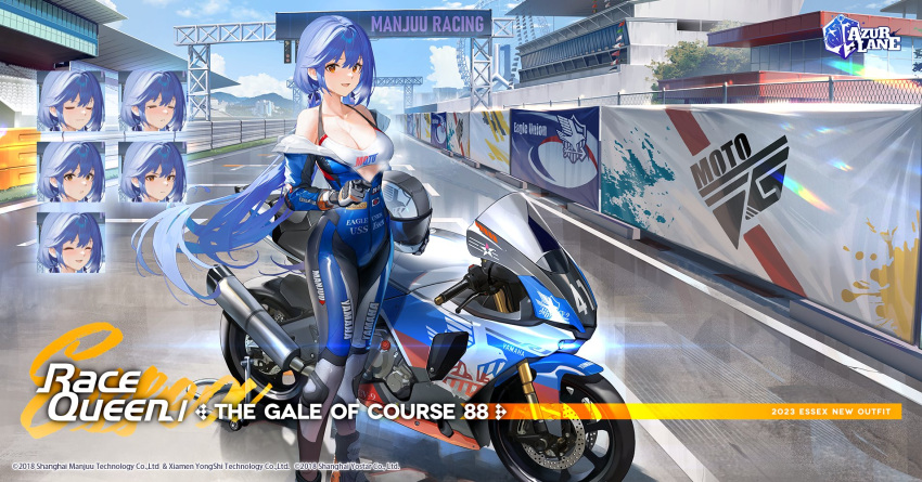 1girl artist_request azur_lane blue_hair breasts cleavage copyright_name eagle_union_(emblem) english_commentary english_text essex_(azur_lane) essex_(the_gale_of_course_88)_(azur_lane) expressions helmet highres logo long_hair motor_vehicle motorcycle motorcycle_helmet official_art product_placement promotional_art race_queen racetrack racing_suit yamaha yamaha_yzf-r1