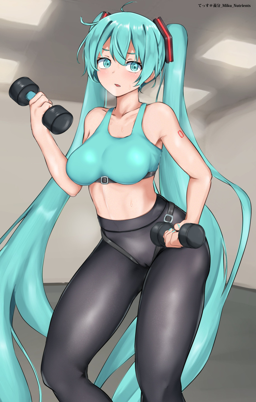 1girl absurdres aqua_bra aqua_eyes aqua_hair aqua_nails bare_shoulders black_leggings bra breasts exercise hair_ornament hatsune_miku highres leggings long_hair medium_breasts midriff open_mouth solo sports_bra sportswear tesu@youbon twintails underwear very_long_hair vocaloid weightlifting weights