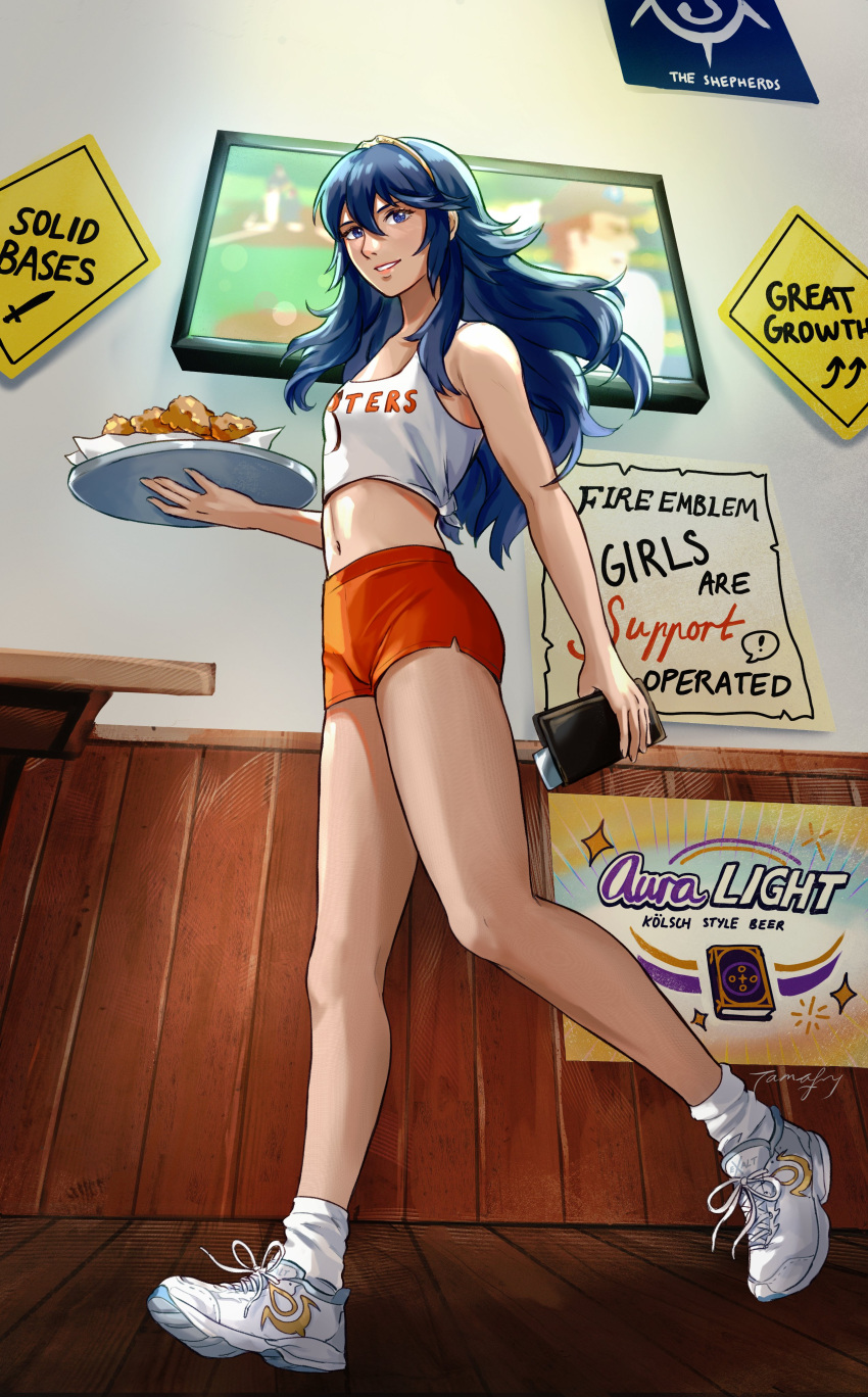 1girl absurdres alternate_costume bare_shoulders blue_eyes blue_hair commentary contemporary english_commentary english_text fire_emblem fire_emblem_awakening flat_chest food grin hair_between_eyes highres holding holding_tray hooters indoors long_hair looking_at_viewer lucina_(fire_emblem) midriff navel orange_shorts shirt shoes shorts sleeveless sleeveless_shirt smile sneakers socks solo table tamafry television tiara tray uniform waitress white_footwear white_shirt white_socks wooden_floor