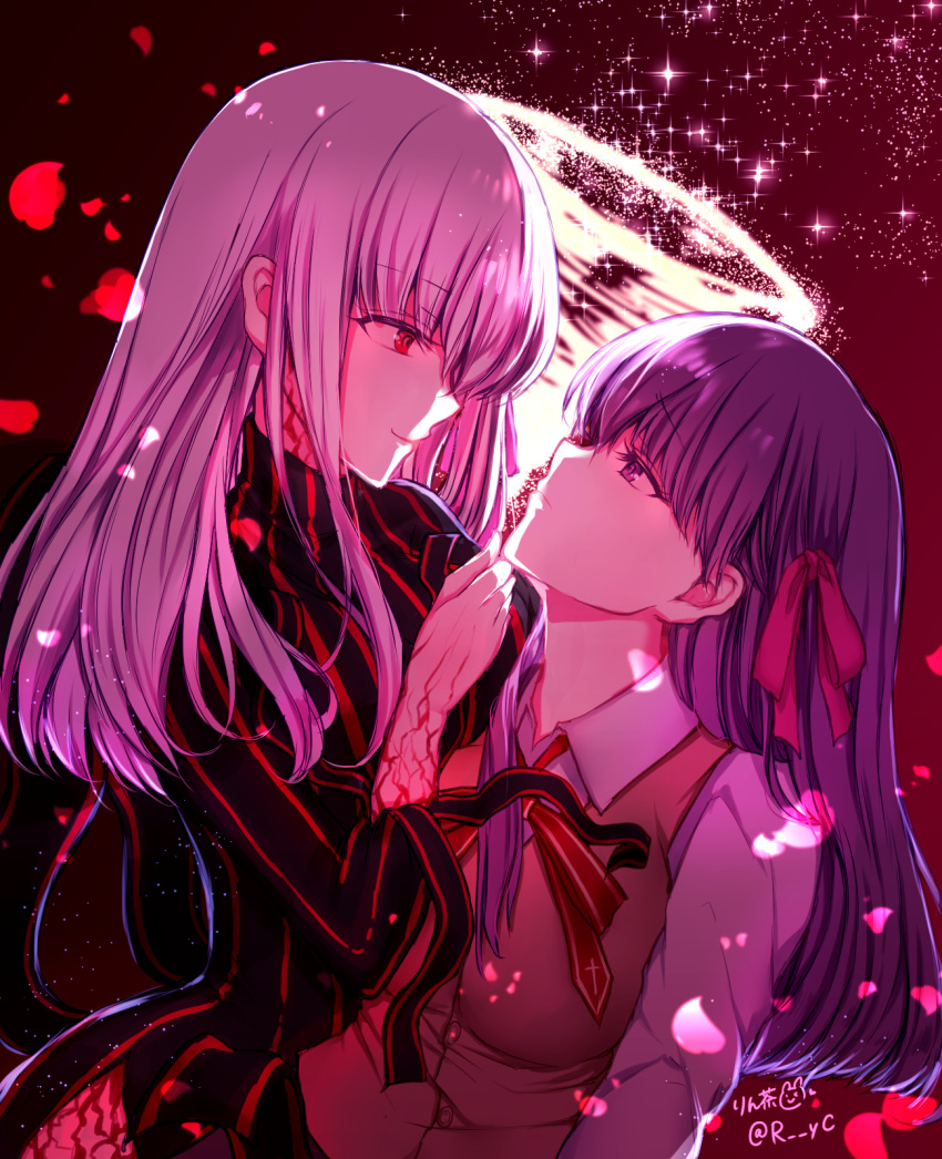 2girls backlighting black_dress breasts brown_sweater_vest closed_mouth commentary_request cross_print dark_persona dark_sakura dress eye_contact eyelashes falling_petals fate/stay_night fate_(series) from_side frown hair_between_eyes hand_on_another's_chin hand_up heaven's_feel highres large_breasts lips long_hair looking_at_another matou_sakura multiple_girls nose petals profile purple_eyes purple_hair red_background red_eyes red_ribbon ribbon rincha_(rinrinrincha) selfcest shirt sidelocks signature simple_background smile sparkle straight_hair sweater_vest twitter_username upper_body white_hair white_shirt