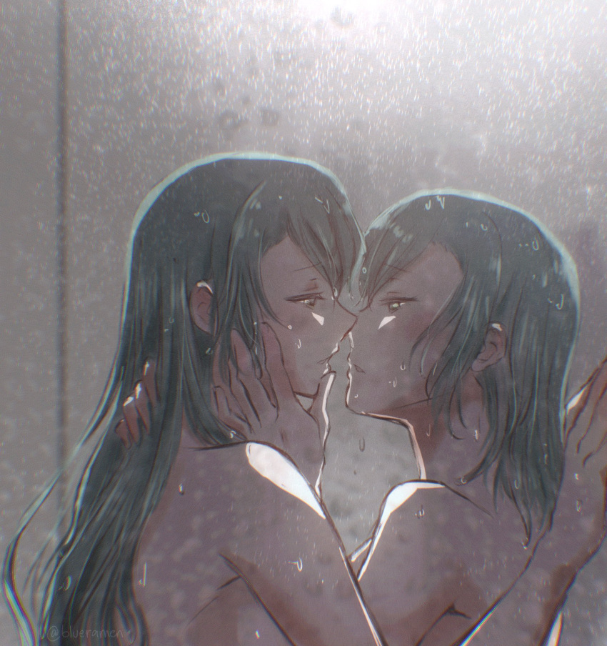 2girls aqua_hair bang_dream! commentary completely_nude green_eyes hand_on_another's_face hand_on_another's_neck highres hikawa_hina hikawa_sayo imminent_kiss incest long_hair looking_at_another medium_hair multiple_girls nude showering siblings signature sisters symbol-only_commentary twincest twins xin_(blueramen) yuri