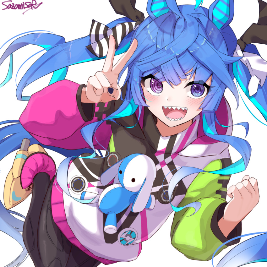 1girl @_@ ahoge animal_ears ankle_boots aqua_hair artist_name bangs black_bodysuit black_nails black_ribbon blue_eyes blue_hair blush bodysuit boots clenched_hand commentary crossed_bangs hair_ribbon heterochromia hood hood_down hooded_coat hoodie horse_ears horse_girl horse_tail leg_up long_hair long_sleeves looking_at_viewer multicolored_coat multicolored_hair open_mouth purple_eyes ribbon sazamiso_rx sharp_teeth signature simple_background smile solo standing standing_on_one_leg stuffed_animal stuffed_rabbit stuffed_toy tail teeth twin_turbo_(umamusume) twintails two-tone_hair umamusume v very_long_hair white_background yellow_footwear