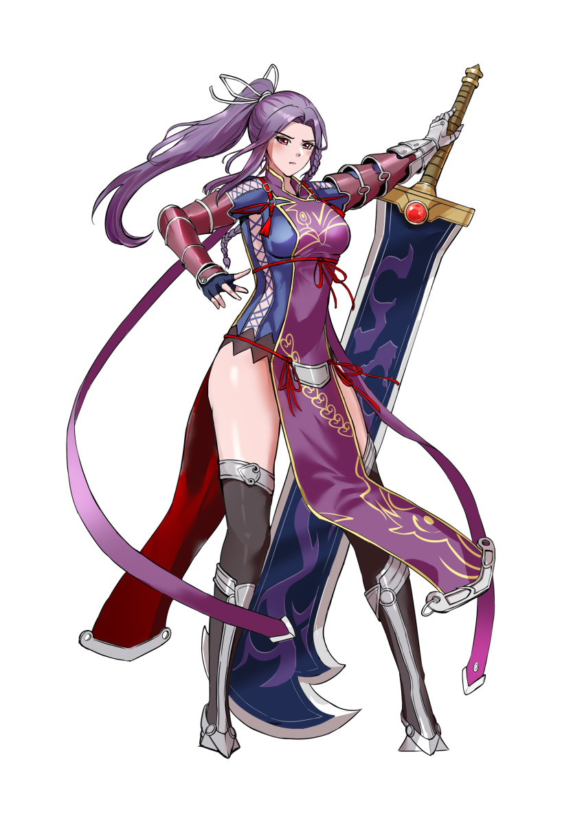 1girl absurdres arm_guards armored_boots artist_request blush boots breasts china_dress chinese_clothes cosplay dress eiyuu_densetsu english_commentary full_body hajimari_no_kiseki highres holding holding_sword holding_weapon huge_weapon large_breasts long_hair looking_at_viewer ponytail purple_hair red_eyes rixia_mao sidelocks simple_background solo sword vampirate_odessa weapon white_background