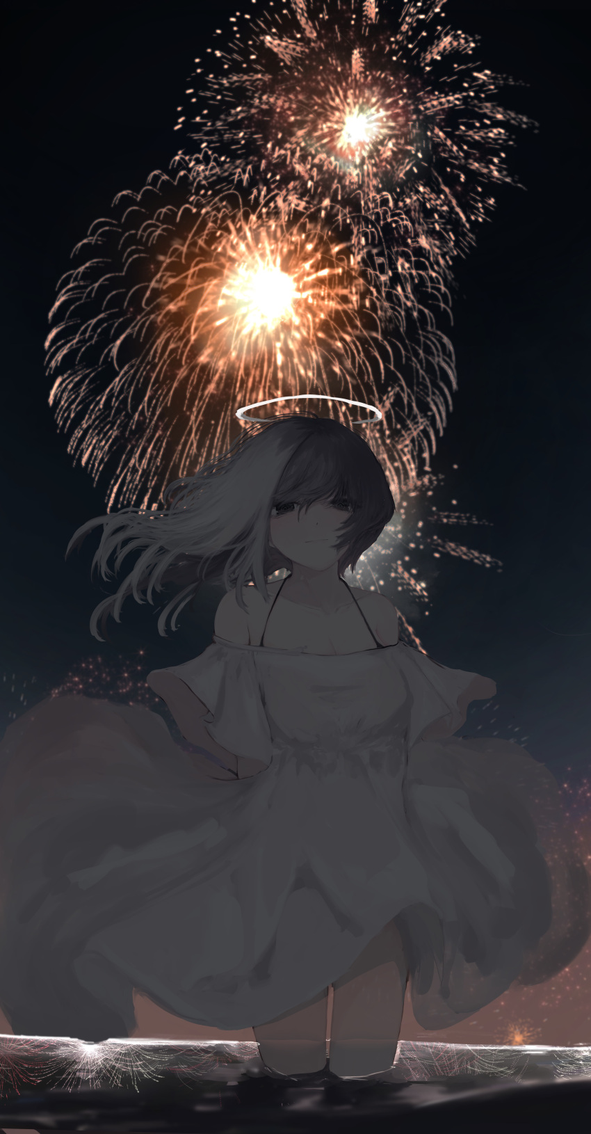 1girl absurdres aerial_fireworks black_eyes black_hair breasts cleavage collarbone dress fireworks floating_hair ghost gradient_hair halo highres looking_at_viewer multicolored_hair night night_sky off-shoulder_dress off_shoulder original sky solo suzukano_pon transparent wading white_dress white_hair