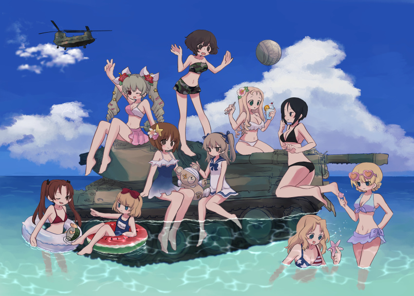 6+girls absurdres afloat aircraft akiyama_yukari american_flag_bikini anchovy_(girls_und_panzer) arm_up ball barefoot beachball bikini bikini_shorts bikini_skirt black_bikini blonde_hair blue_bikini blue_eyes blue_one-piece_swimsuit blue_ribbon blue_sarong blue_sky bob_cut boko_(girls_und_panzer) braid breasts brown_eyes camouflage camouflage_bikini camouflage_shorts ch-47_chinook chouno_ami cloud cloudy_sky commentary darjeeling_(girls_und_panzer) drill_hair emblem eyewear_on_head fang flag_print flower food_print front-tie_bikini_top front-tie_top girls_und_panzer green_bikini green_hair hair_flower hair_ornament hair_ribbon halterneck hand_on_own_hip heart heart-shaped_eyewear helicopter hibiscus highres horizon innertube kadotani_anzu katyusha_(girls_und_panzer) kay_(girls_und_panzer) kneeling light_brown_hair long_hair looking_at_another looking_at_viewer marie_(girls_und_panzer) medium_breasts medium_hair military_vehicle motor_vehicle multiple_girls name_tag navel nishizumi_miho ocean old_school_swimsuit on_vehicle one-piece_swimsuit one_eye_closed one_side_up outdoors parted_bangs pink_bikini pink_flower playing pointing red_bikini red_flower red_ribbon ri_(qrcode) ribbon sailor_collar sarong school_swimsuit shell_hair_ornament shimada_arisu short_hair shorts sitting skin_fang sky soaking_feet standing star_(symbol) star_hair_ornament starfish_hair_ornament strapless strapless_bikini stuffed_animal stuffed_toy sunglasses sweatdrop swimsuit swimsuit_skirt tank teddy_bear turtleneck twin_braids twin_drills twintails type_74 watermelon_print waving white_bikini white_one-piece_swimsuit white_ribbon