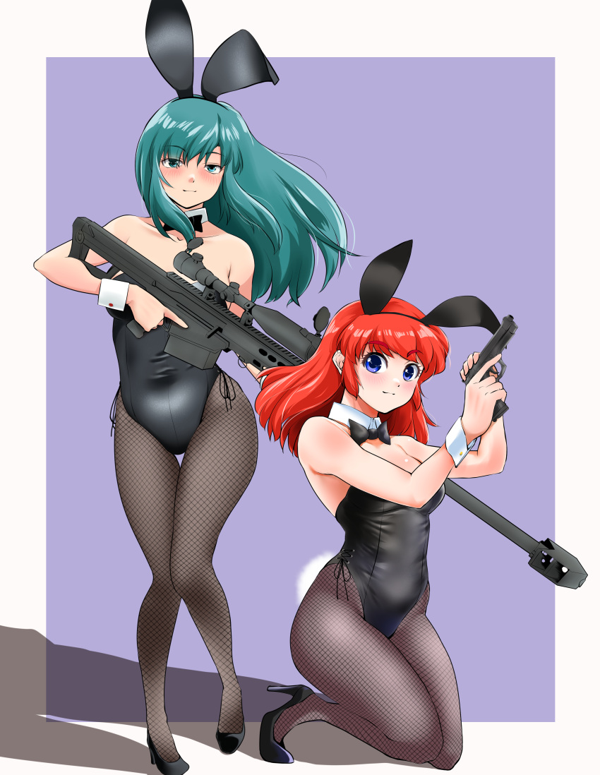 2girls absurdres animal_ears bare_arms bare_shoulders beretta_92 black_bow black_bowtie black_leotard black_pantyhose blue_eyes bow bowtie breasts commentary_request detached_collar fake_animal_ears fishnet_pantyhose fishnets full_body green_eyes green_hair gun handgun highres iris_(layla) layla_(character) layla_(game) leotard long_hair medium_breasts multiple_girls nanao_futaba pantyhose playboy_bunny rabbit_ears rabbit_tail red_hair rifle scope sniper_rifle strap_slip strapless strapless_leotard tail thigh_gap trigger_discipline weapon weapon_request wrist_cuffs