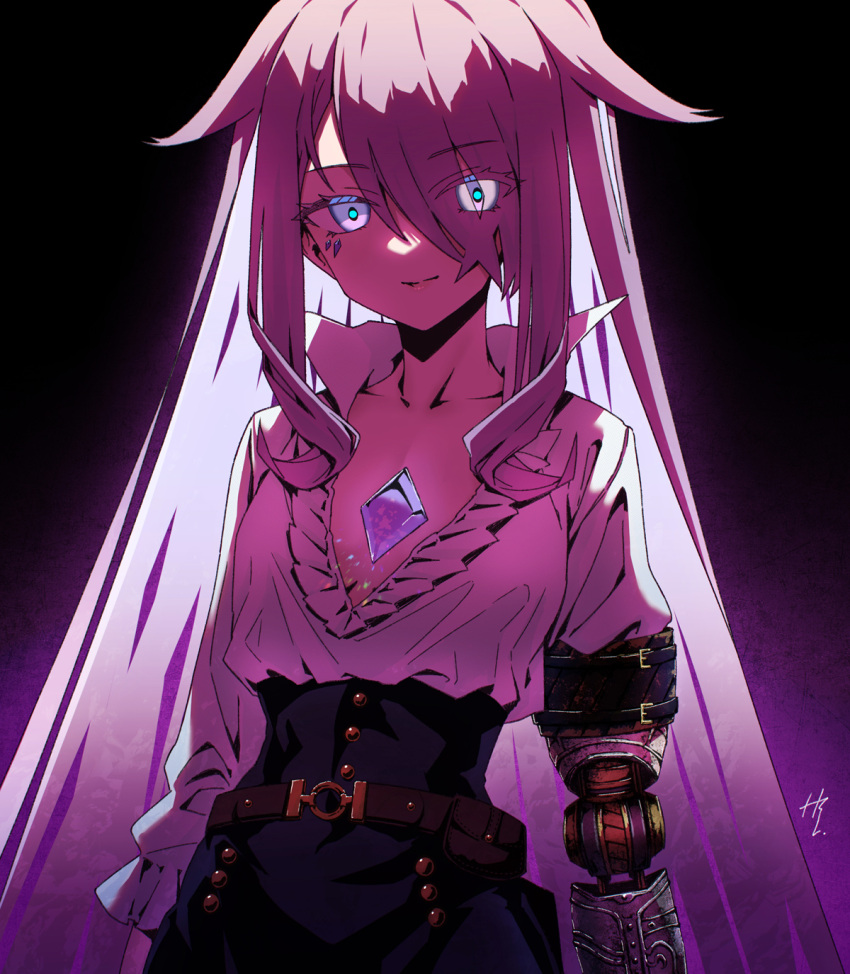 1girl belt black_pants breasts chest_jewel cowlick cropped_legs face_jewel gem glowing glowing_eyes gradient_background hair_over_one_eye highres hololive hololive_english koseki_bijou lies_of_p long_hair looking_at_viewer low-cut pants pouch prosthesis prosthetic_arm shirt sidelocks small_breasts taka_t very_long_hair virtual_youtuber white_shirt