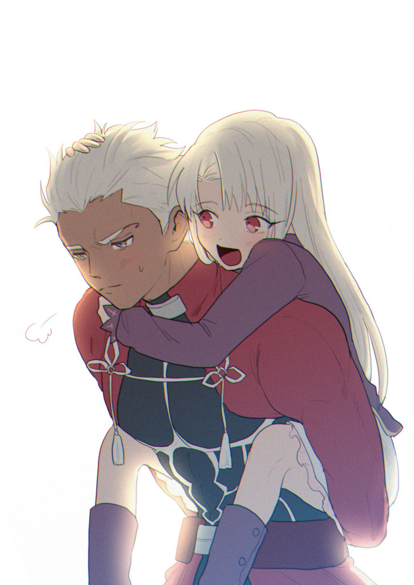 1boy 1girl archer_(fate) blush boots carrying carrying_person dark-skinned_male dark_skin fate/stay_night fate_(series) grey_eyes highres illyasviel_von_einzbern long_hair momoka_(abc_momoka0718) open_mouth piggyback purple_footwear purple_shirt red_eyes shirt simple_background skirt smile white_background white_hair white_skirt