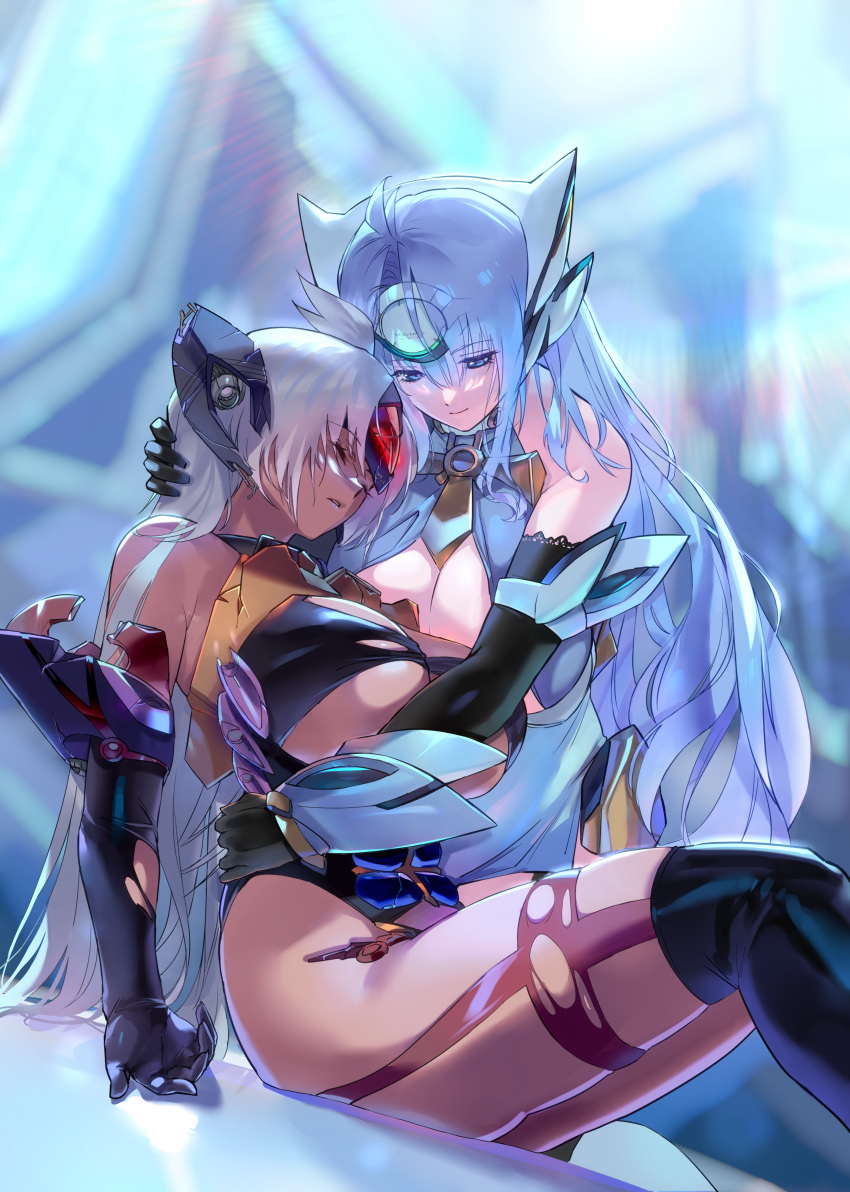 2girls absurdres blue_eyes blue_hair breasts cleavage closed_eyes dark_skin dutch_angle elbow_gloves garter_straps gloves headpiece highres hug kos-mos large_breasts long_hair multiple_girls negresco pale_skin skin_tight skindentation t-elos thighhighs underboob white_hair xenosaga