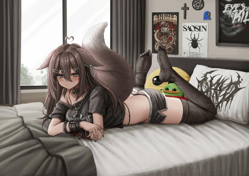 1girl absurdres ahoge animal_ear_fluff ass bed_sheet beetle black_nails black_shirt black_shorts black_thighhighs blanket blush bracelet breasts brown_eyes brown_hair bug collar commission cross feet_up fishnets full_body hair_ornament hairclip heart heart_ahoge heart_hair_ornament highres jewelry lobsteranian long_hair looking_at_viewer lying medium_breasts multiple_rings nail_polish no_shoes off_shoulder on_bed on_stomach original pepe_the_frog pillow poster_(object) ring shirt short_shorts shorts single_bare_shoulder soles solo spiked_bracelet spikes tail thighhighs x_hair_ornament